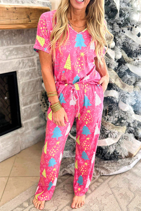 Christmas Tree Print V Neck Tee And Pants Lounge Set